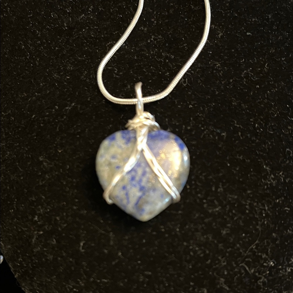 Handmade Lapis Heart Pendant Necklace - Blue Silver Wire Wrap